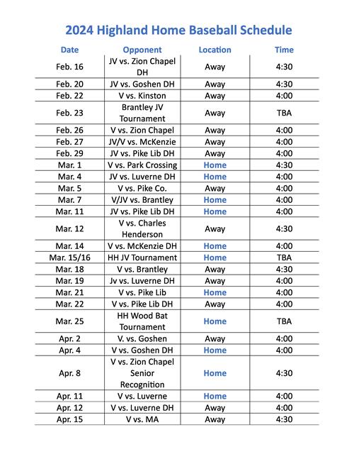 2024 HHS Baseball Schedule